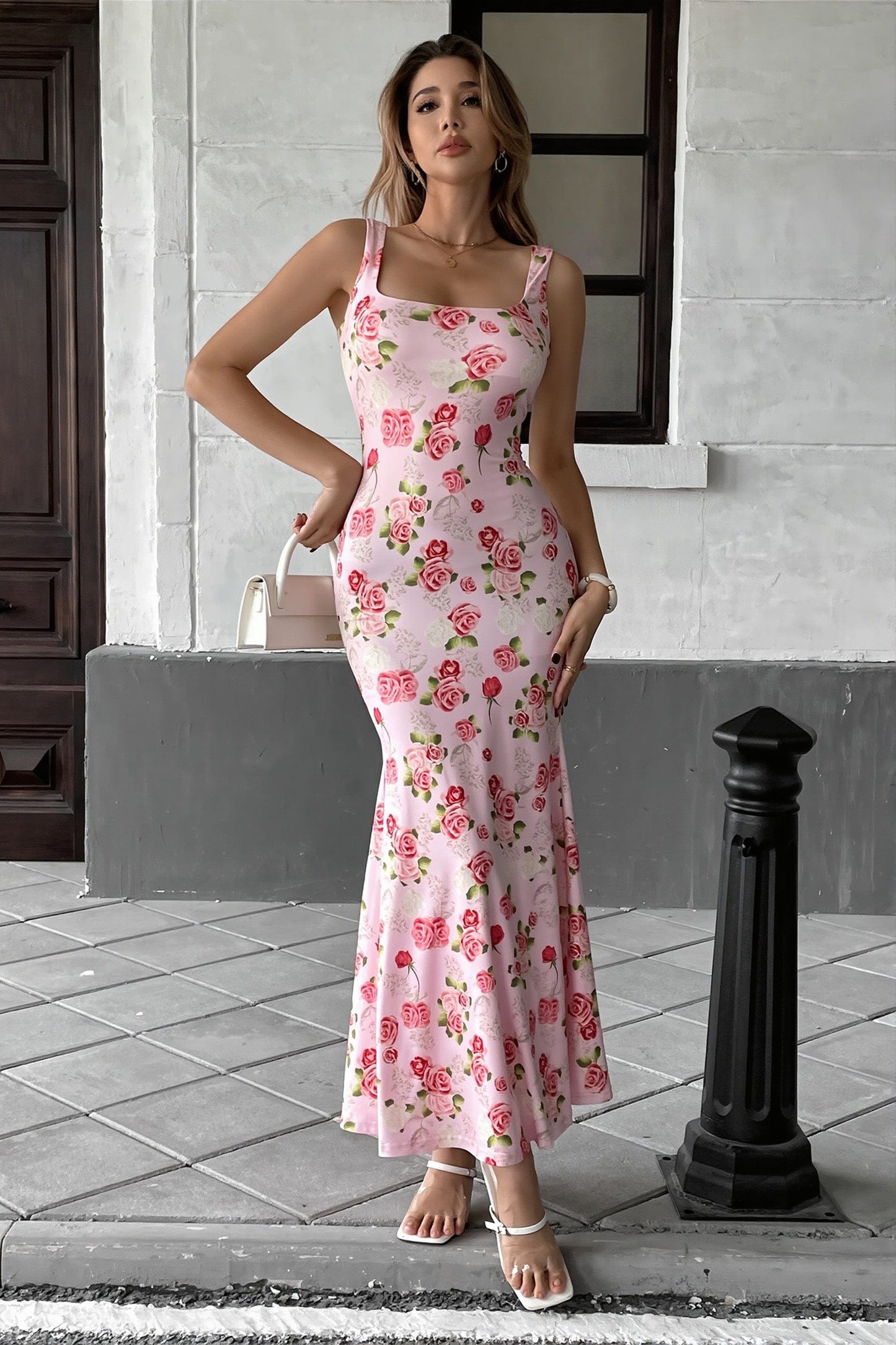 Dames Bloemenprint Maxi Jurk Met Vierkante Hals