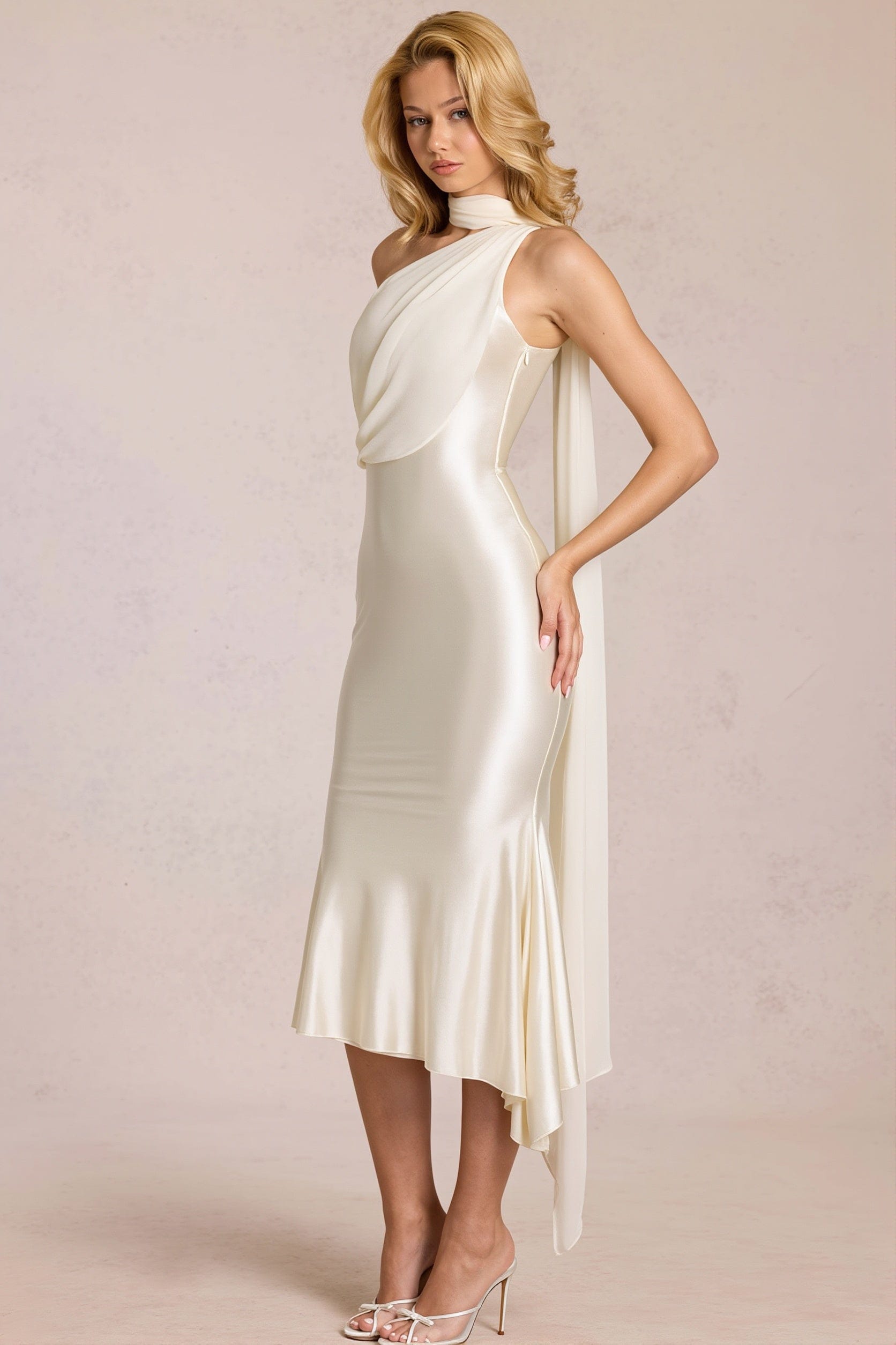 Dames Bodycon Midi Jurk Met One Shoulder En Mesh