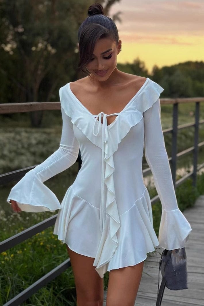 Dames Bodycon Mini Jurk Met Ruches En Uitlopende Mouwen