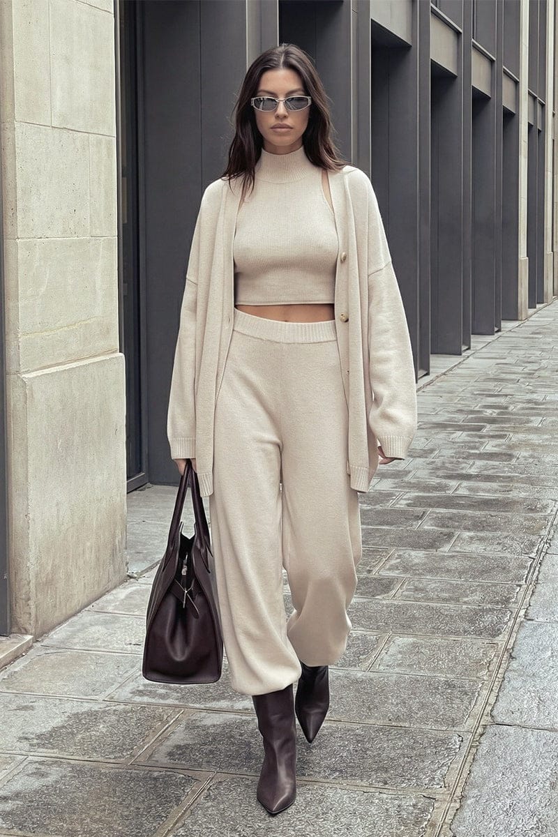 Dames Gebreide Set Met Cardigan En Wijde Broek