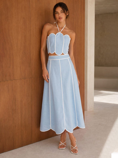 Dames Halter Crop Top En Rok Set Met Geschulpte Rand