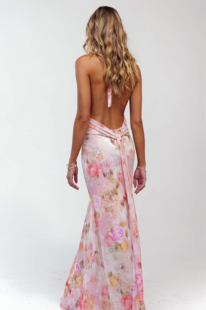 Dames Halter Maxi Jurk Met Print En Open Rug