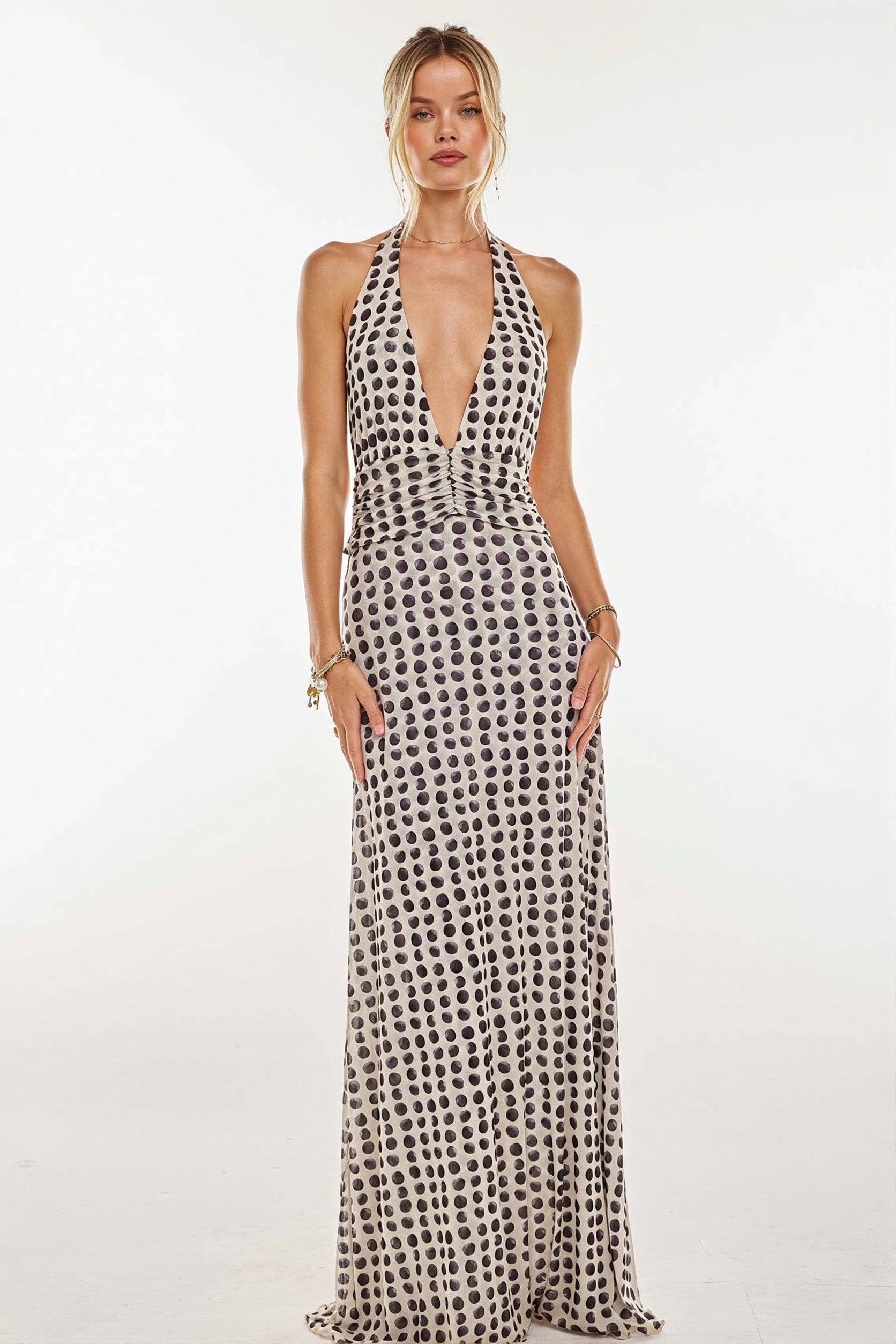 Dames Halter Maxi Jurk Met Print En Open Rug