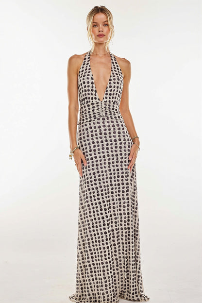 Dames Halter Maxi Jurk Met Print En Open Rug