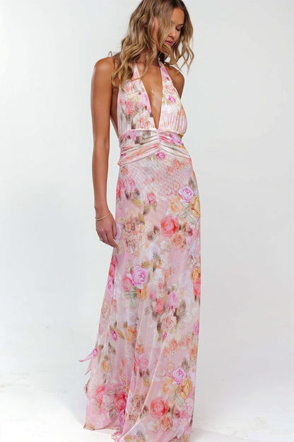 Dames Halter Maxi Jurk Met Print En Open Rug