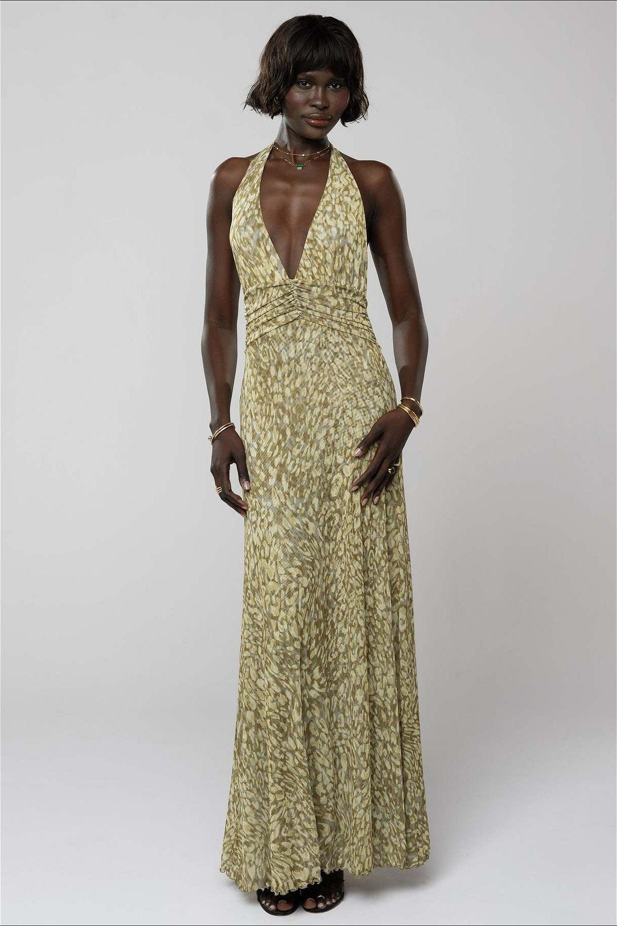 Dames Halter Maxi Jurk Met Print En Open Rug