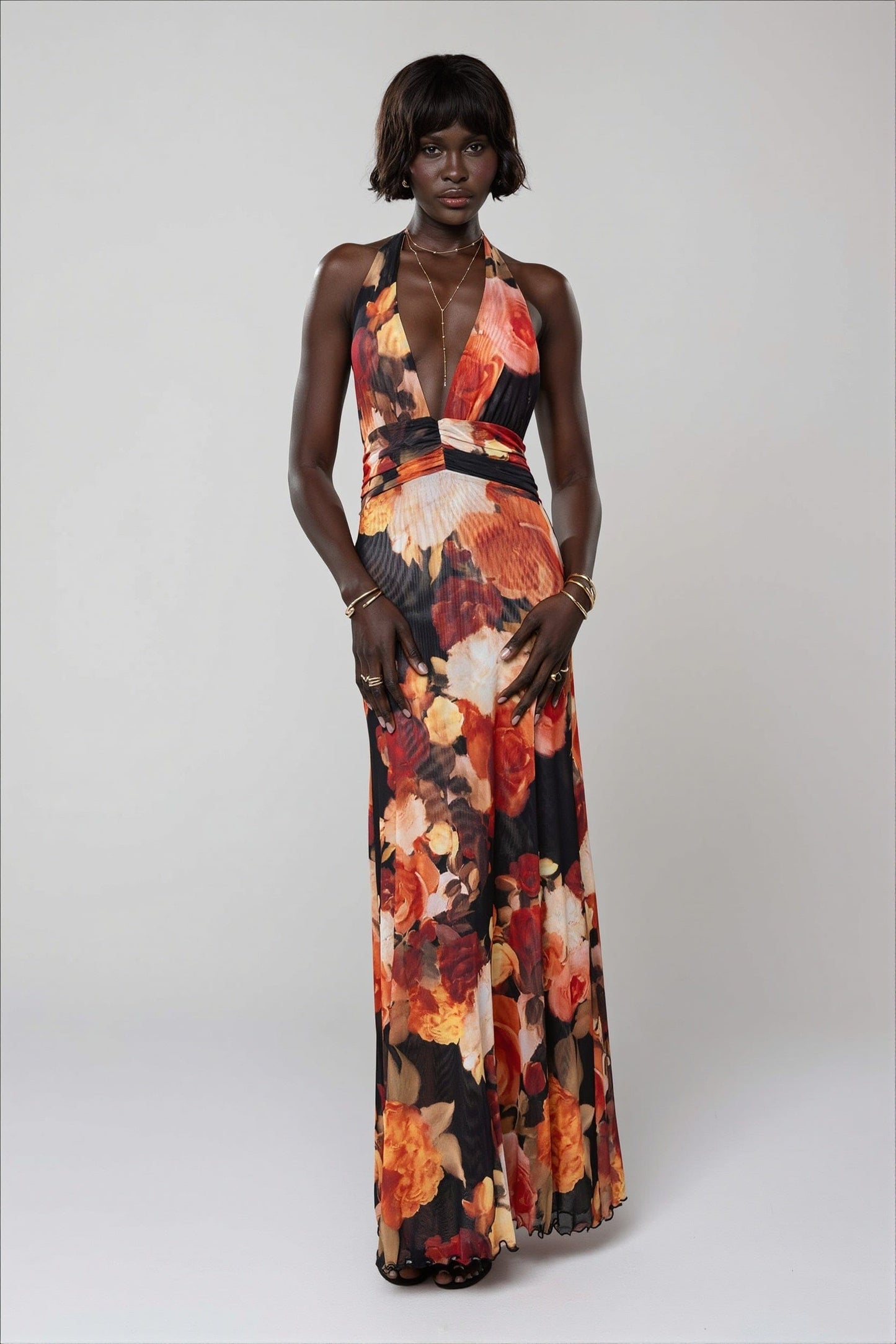 Dames Halter Maxi Jurk Met Print En Open Rug
