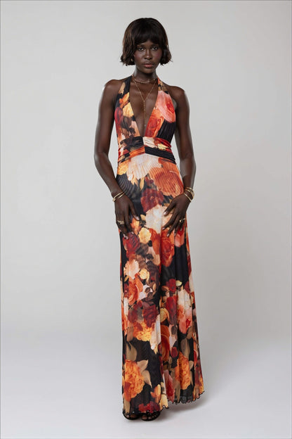 Dames Halter Maxi Jurk Met Print En Open Rug