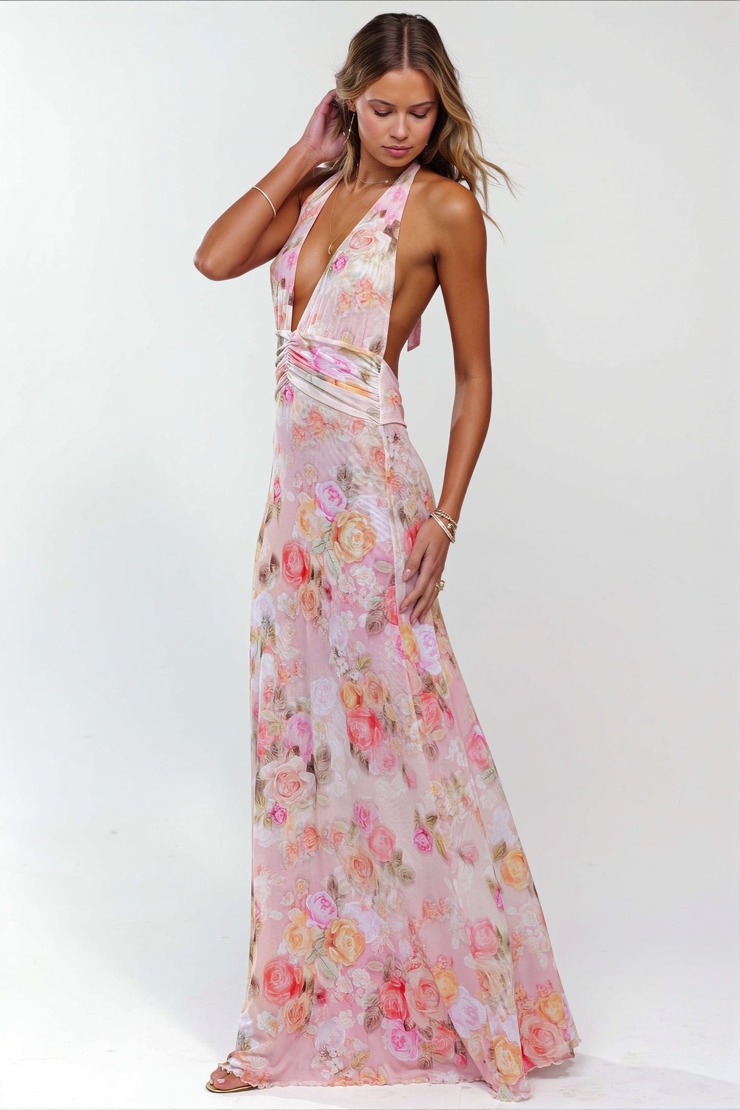 Dames Halter Maxi Jurk Met Print En Open Rug