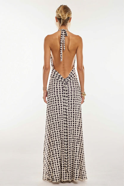Dames Halter Maxi Jurk Met Print En Open Rug