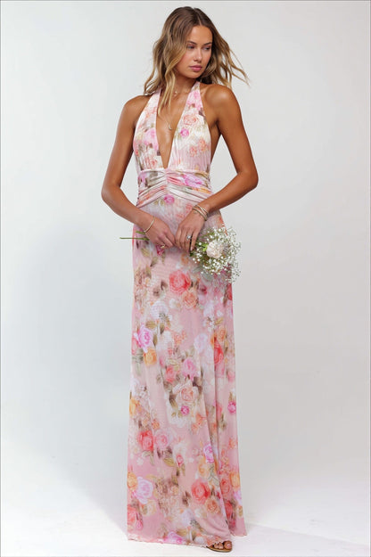 Dames Halter Maxi Jurk Met Print En Open Rug