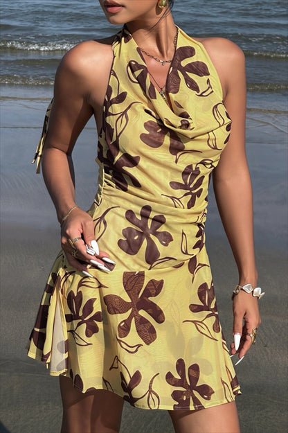 Dames Halter Mini Jurk Met Bloemenprint En Open Rug