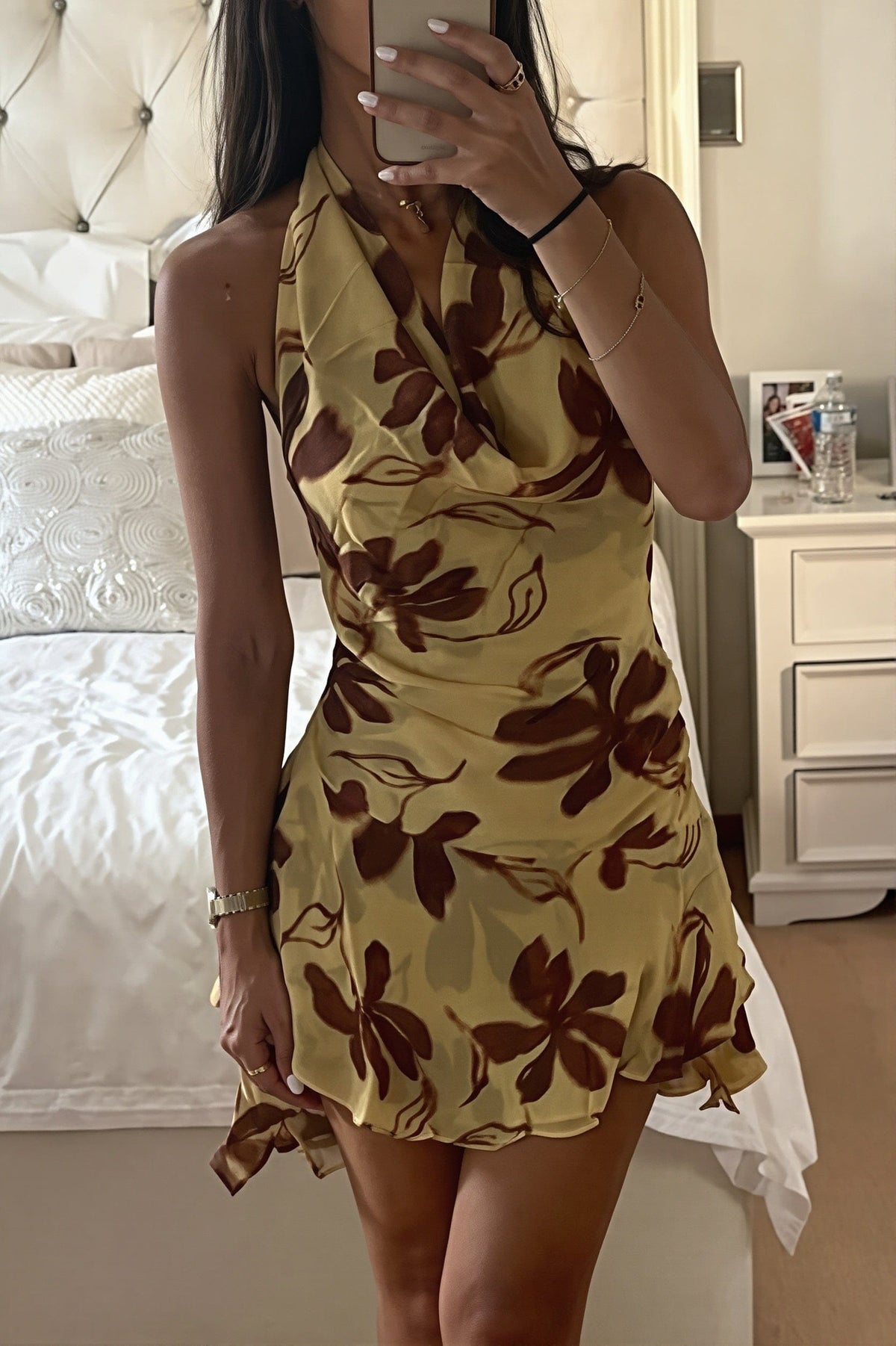 Dames Halter Mini Jurk Met Bloemenprint En Open Rug