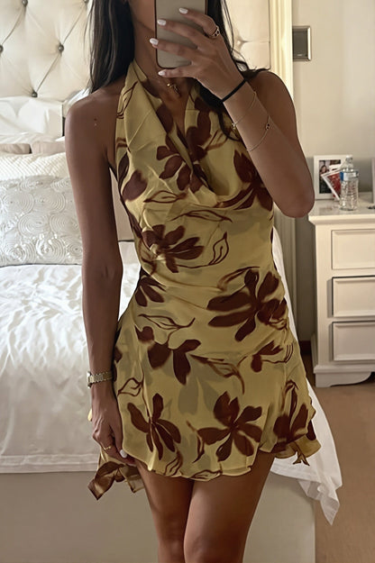 Dames Halter Mini Jurk Met Bloemenprint En Open Rug