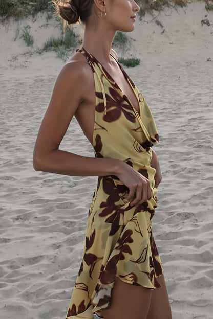 Dames Halter Mini Jurk Met Bloemenprint En Open Rug