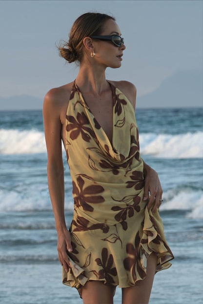 Dames Halter Mini Jurk Met Bloemenprint En Open Rug