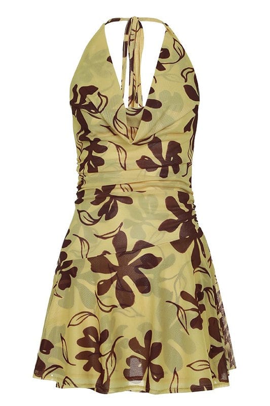 Dames Halter Mini Jurk Met Bloemenprint En Open Rug