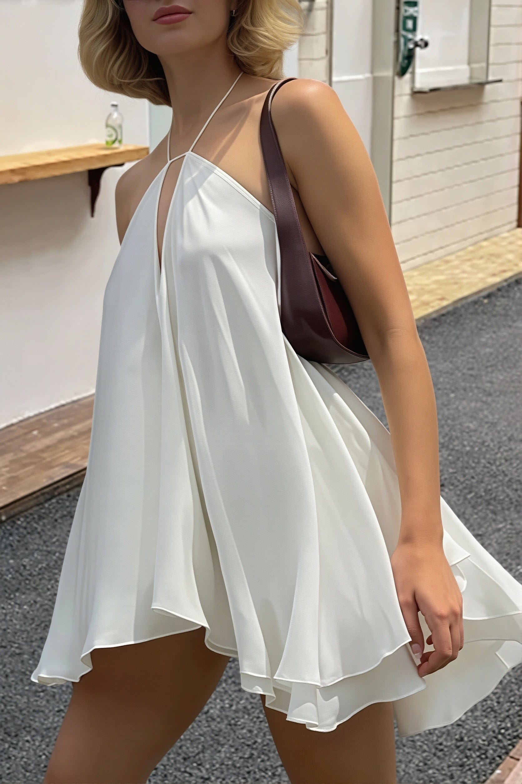 Dames Halter Mini Jurk Met Open Rug En Losse Pasvorm