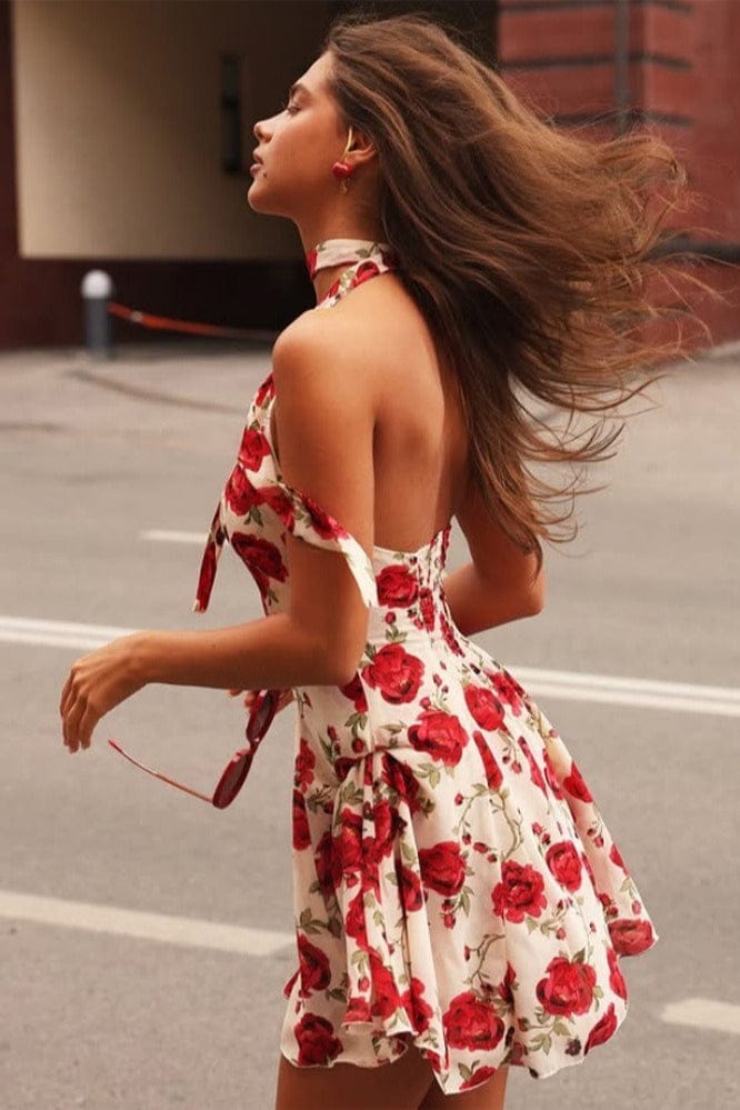 Dames Halter Mini Jurk Met Print En Open Rug