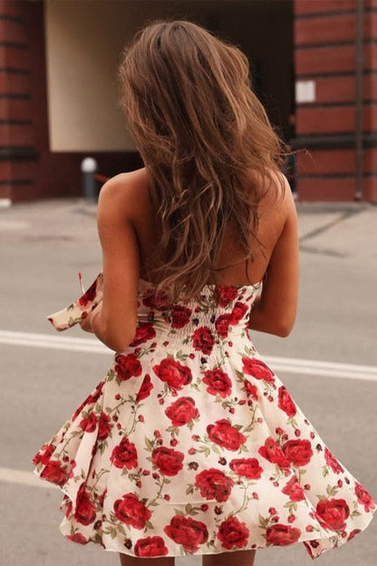 Dames Halter Mini Jurk Met Print En Open Rug