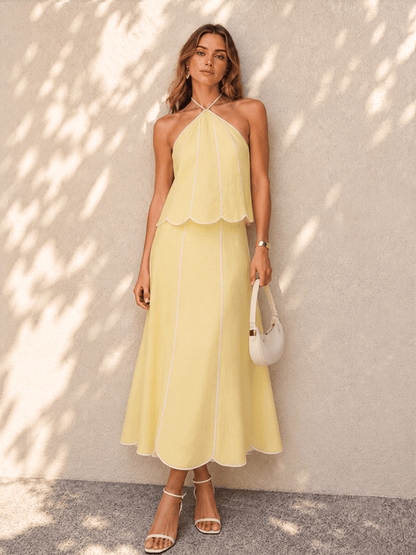 Dames Haltertop En Midi Rok Set Met Schulpboord