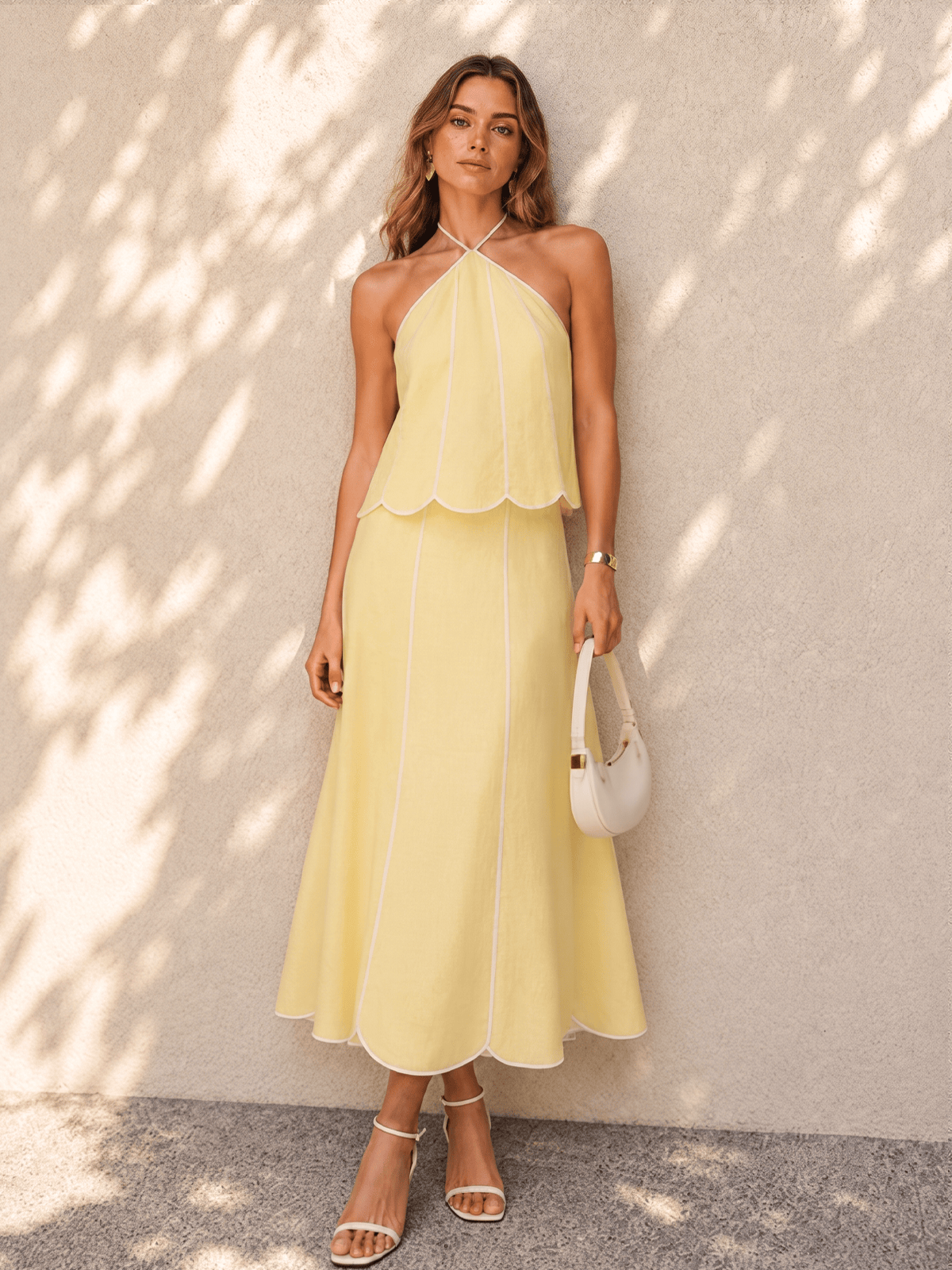 Dames Haltertop En Midi Rok Set Met Schulpboord