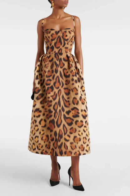 Dames Luipaardprint Midi Jurk Met Corsetpasvorm