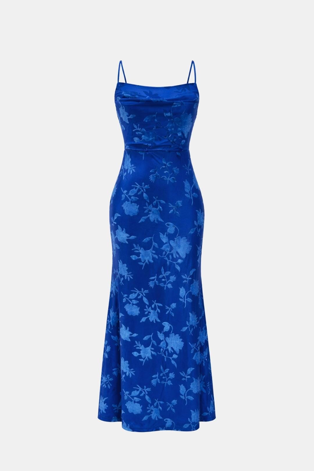 Dames Maxi Cocktailjurk met Bloemenprint en Waterval Halslijn Blauw