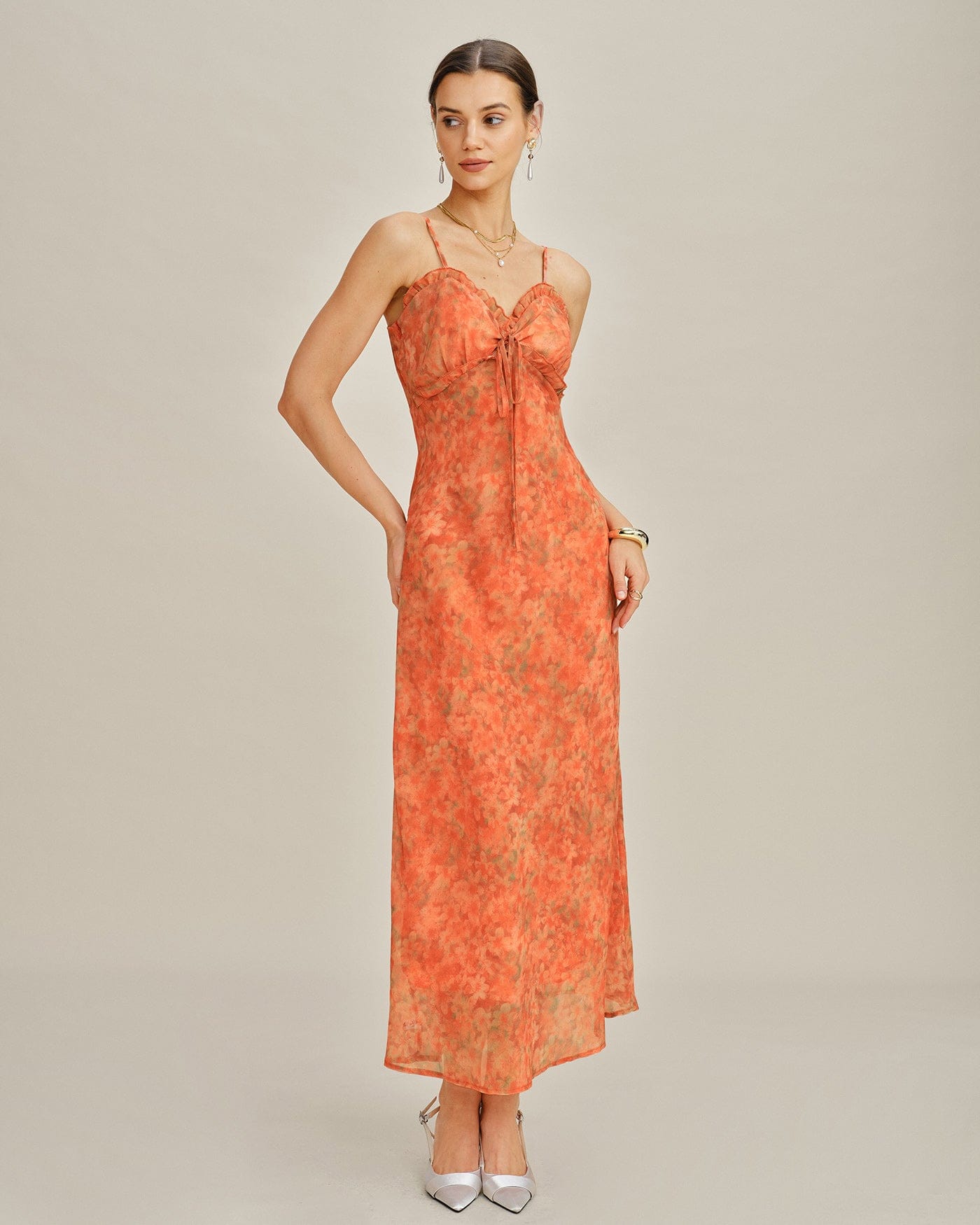 Dames Maxi Jurk A-Lijn met Bloemenkant Oranje