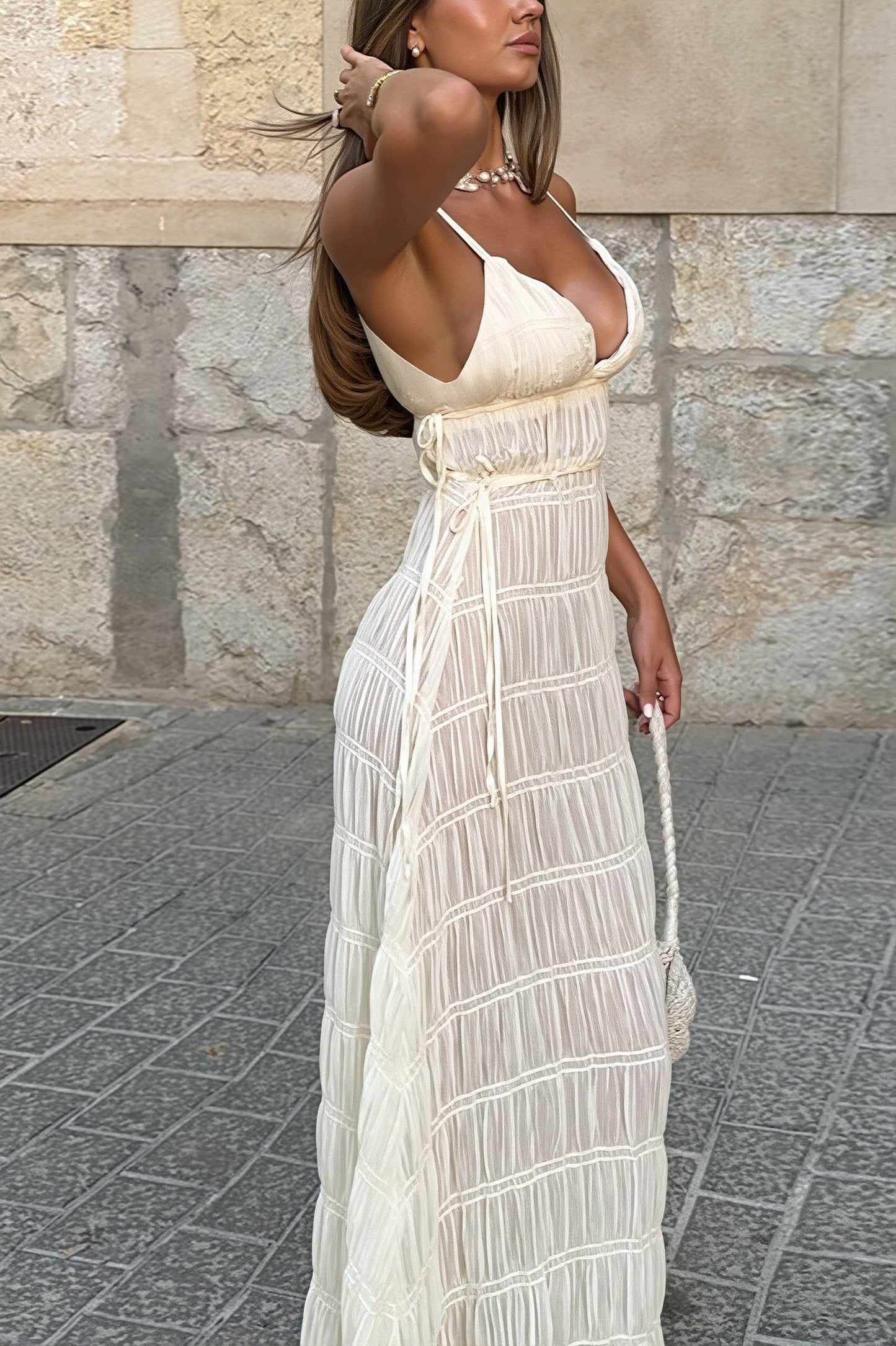 Dames Maxi Jurk Geribde Knit Met Diepe V Hals