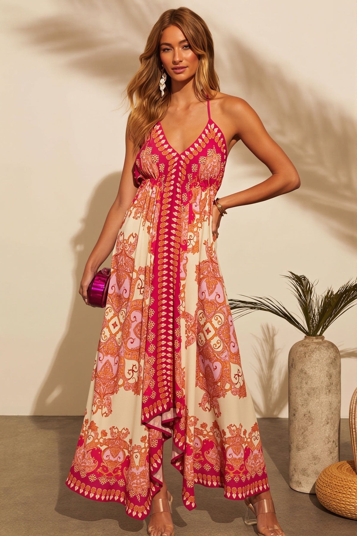 Dames Maxi Jurk Halter Met Print En Open Rug