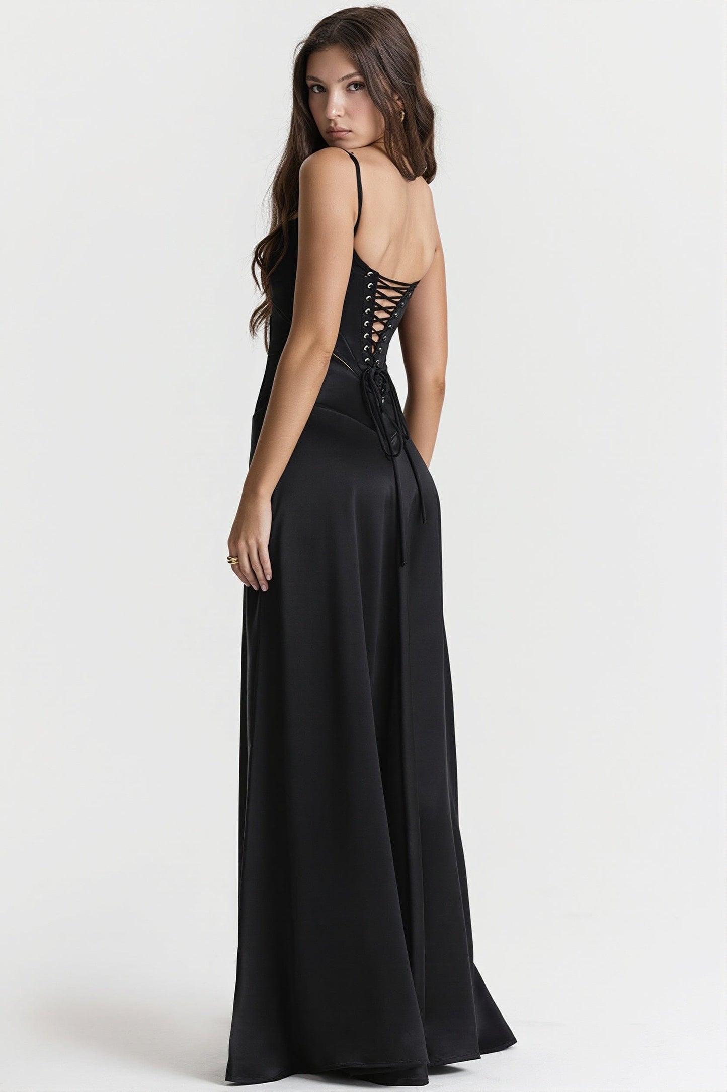 Dames Maxi Jurk Jacquard Satijn Met Vierkante Hals