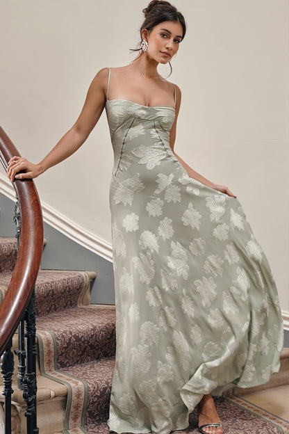 Dames Maxi Jurk Jacquard Satijn Met Vierkante Hals