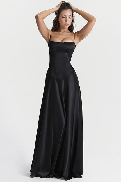 Dames Maxi Jurk Jacquard Satijn Met Vierkante Hals