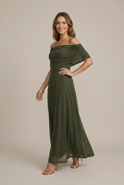 Dames Maxi Jurk Met Bardot Halslijn En Gerimpeld Korset