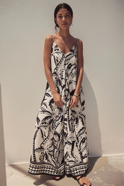 Dames Maxi Jurk Met Bladprint En Losse Pasvorm