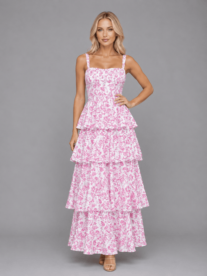 Dames Maxi Jurk Met Bloemenprint En Gelaagde Rok