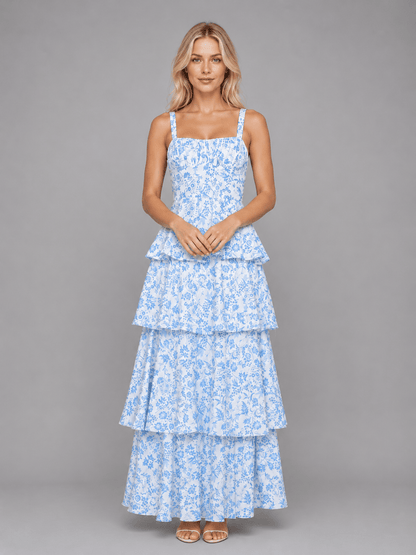 Dames Maxi Jurk Met Bloemenprint En Gelaagde Rok