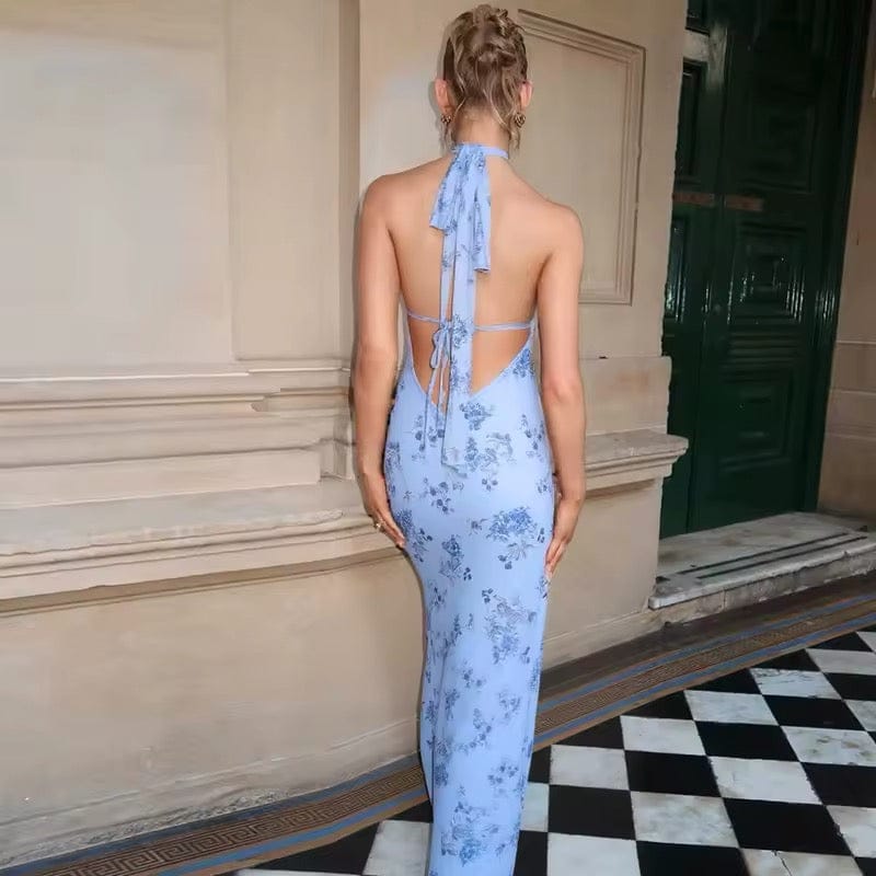 Dames Maxi Jurk Met Bloemenprint En Open Rug Blauw