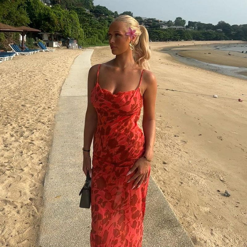 Dames maxi-jurk met bloemenprint en spaghettibandjes rood