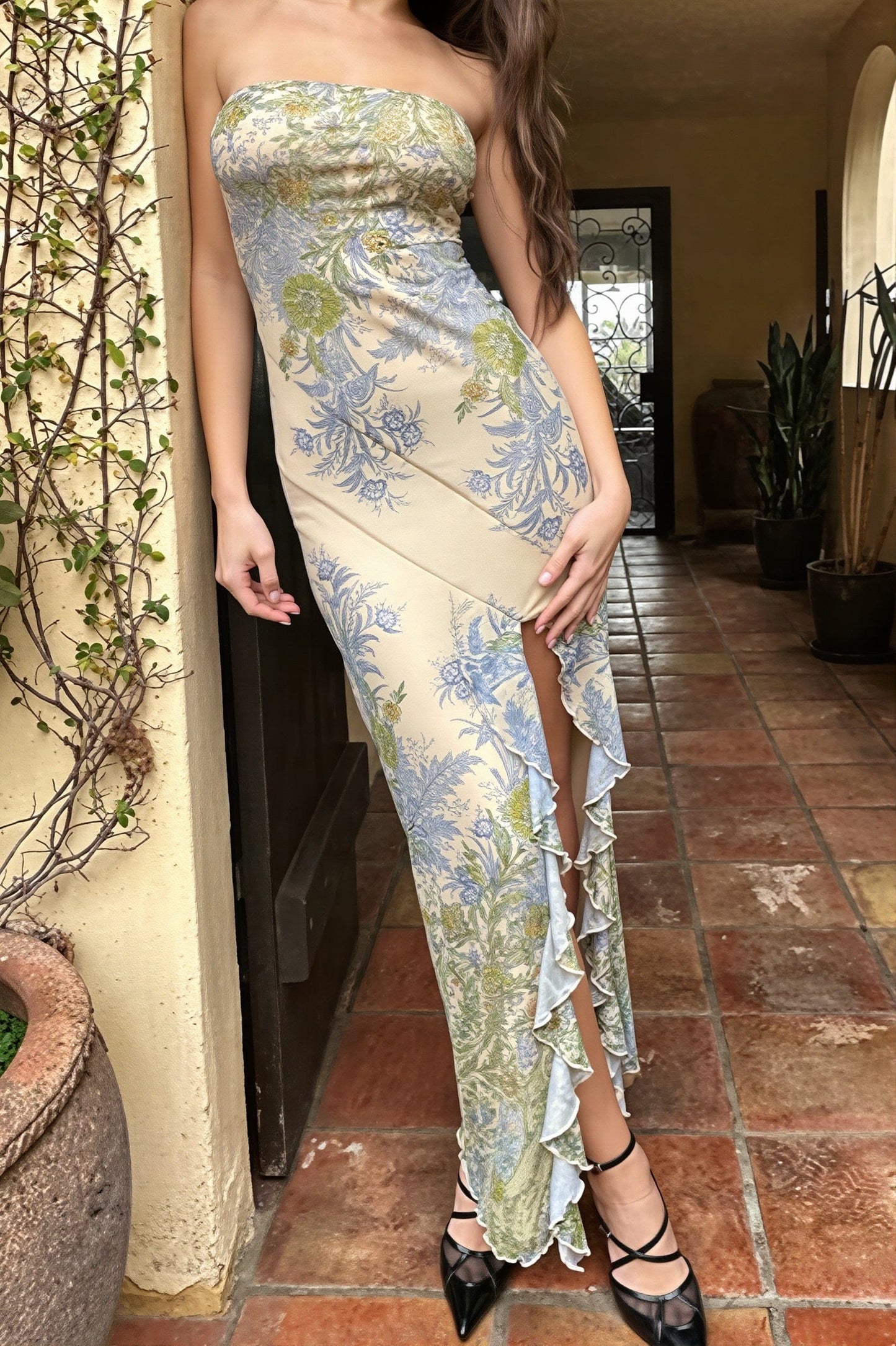 Dames Maxi Jurk Met Bloemenprint En Split Strapless