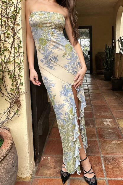 Dames Maxi Jurk Met Bloemenprint En Split Strapless