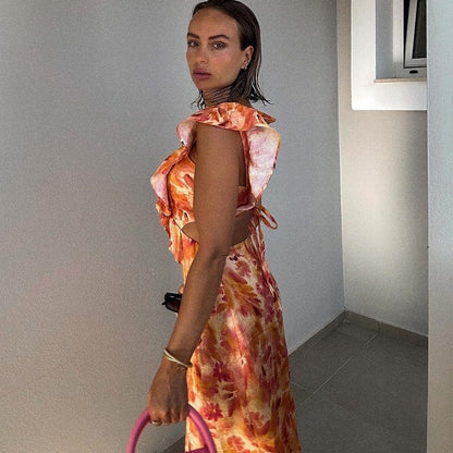 Dames Maxi Jurk Met Bloemenprint en Volant Oranje