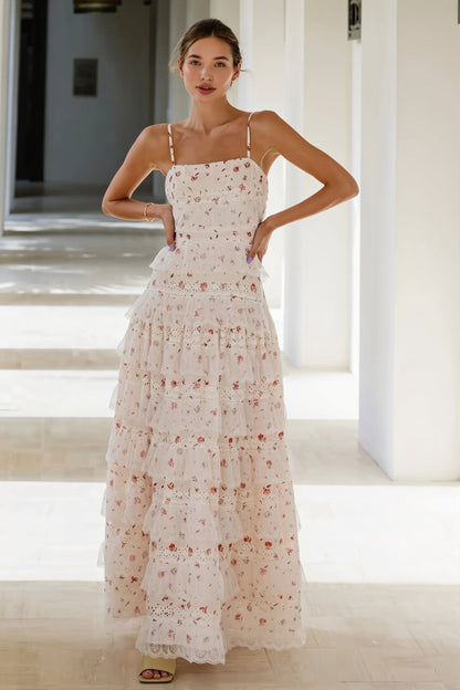 Dames Maxi Jurk Met Kantdetail En Volantzoom