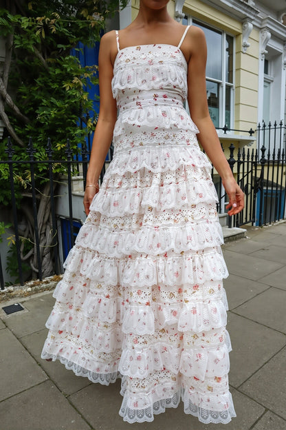 Dames Maxi Jurk Met Kantdetail En Volantzoom