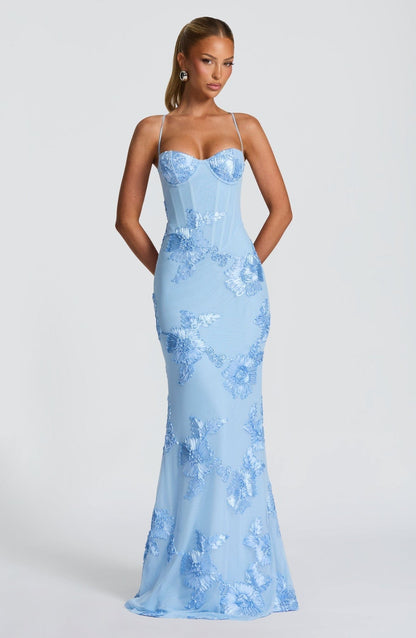 Dames Maxi Jurk Met Korsetdetail En Bloemenapplicatie