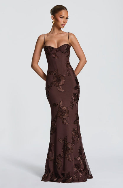 Dames Maxi Jurk Met Korsetdetail En Bloemenapplicatie