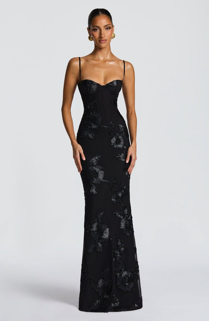 Dames Maxi Jurk Met Korsetdetail En Bloemenapplicatie
