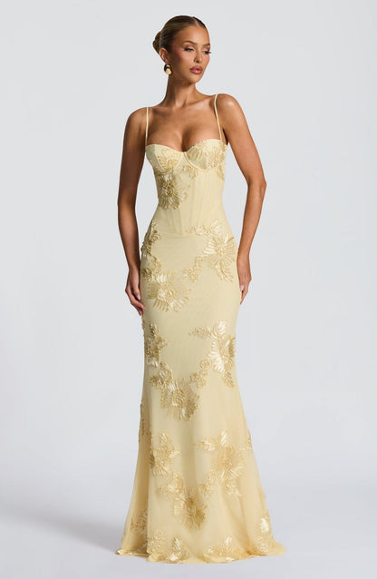 Dames Maxi Jurk Met Korsetdetail En Bloemenapplicatie