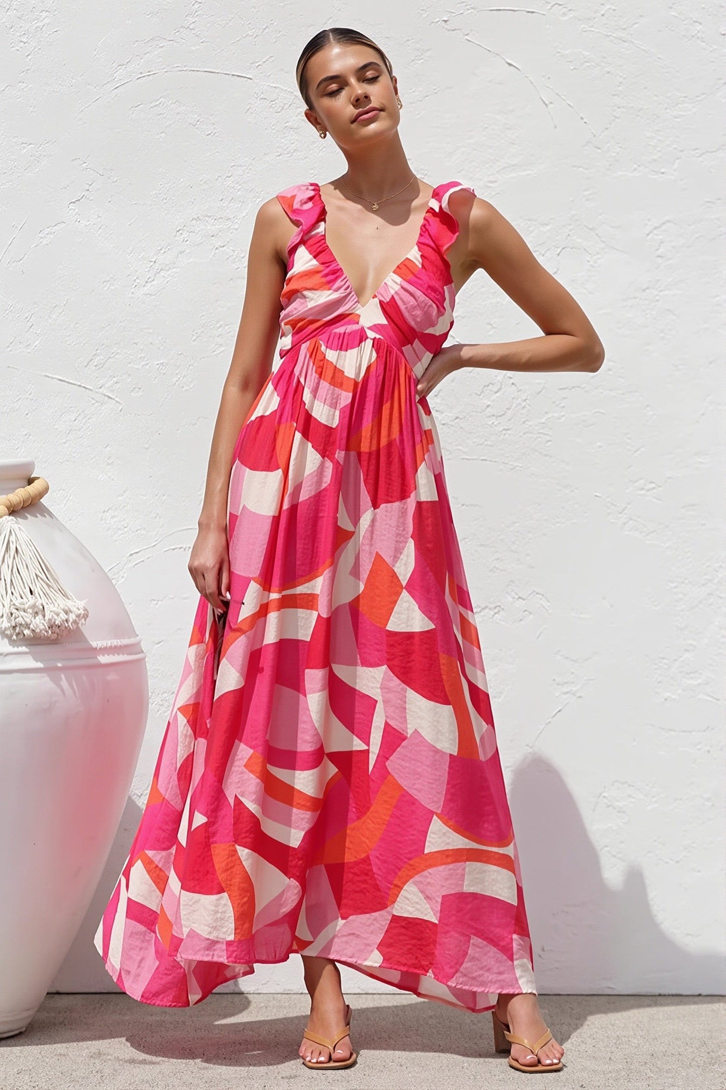 Dames Maxi Jurk Met Print En V Hals